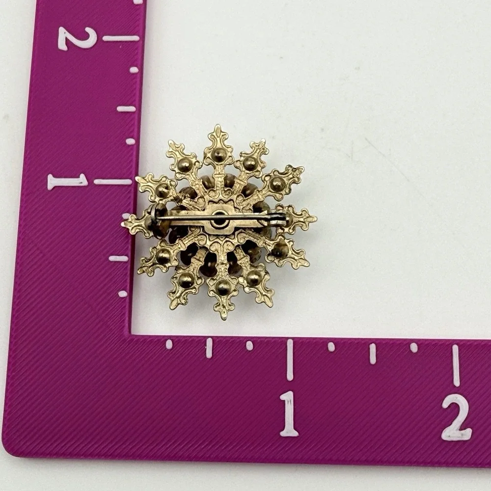 Vintage Starburst Brooch Light Blue Rhinestone Faux Pearl Gold Tone Sunburst Pin